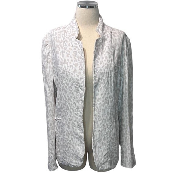 Joie Mehira Linen Blazer Silver Fox Leopard Print White Gray Size 12 - Picture 1 of 11